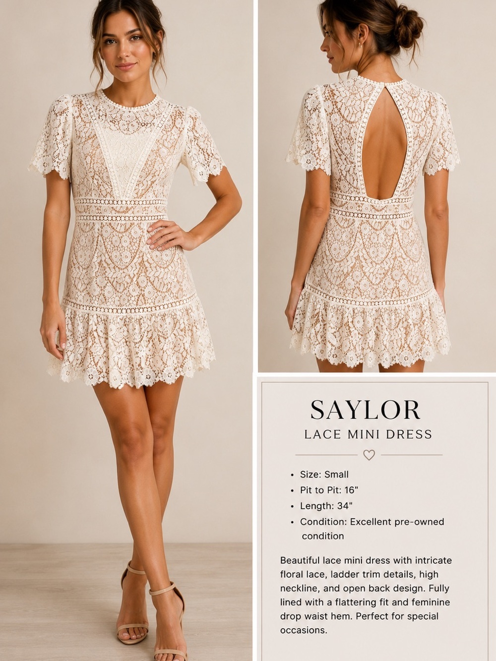 SAYLOR Lace Mini Dress with Open Back Size Small